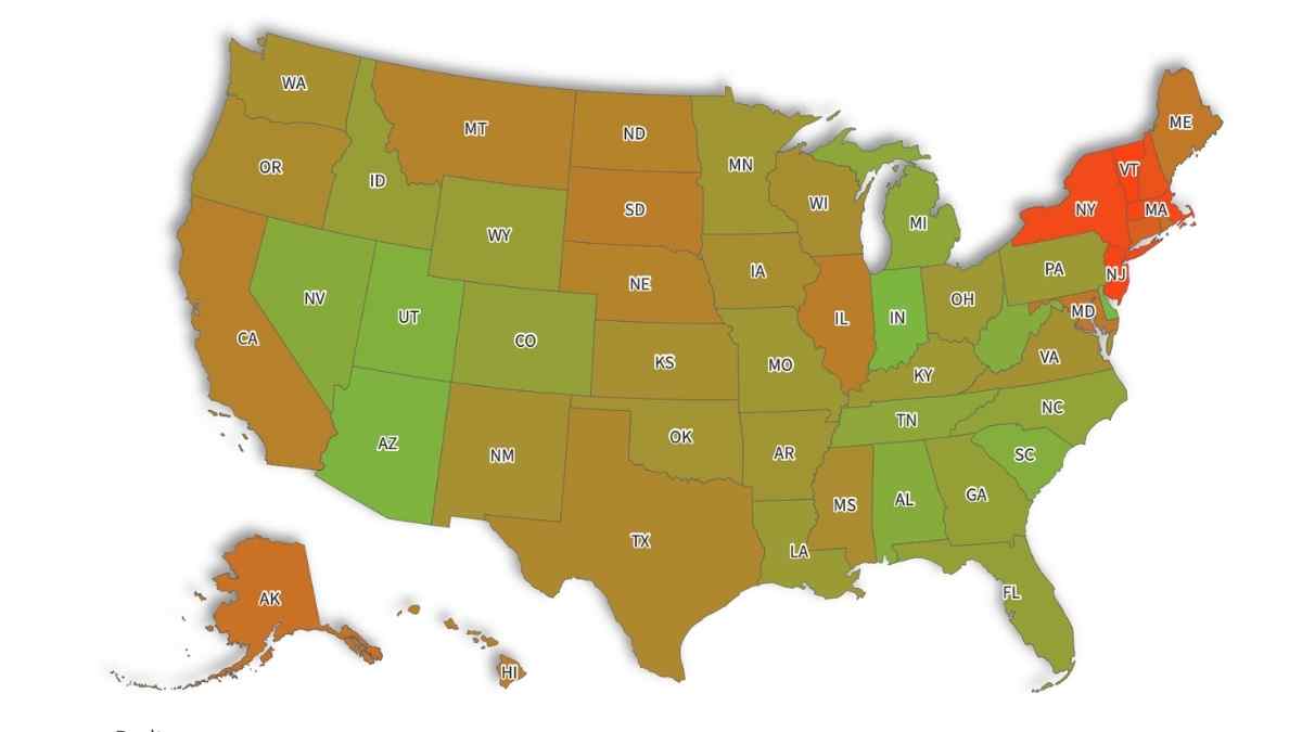 The map showing the 10 states where retirees can live solely on Social Security