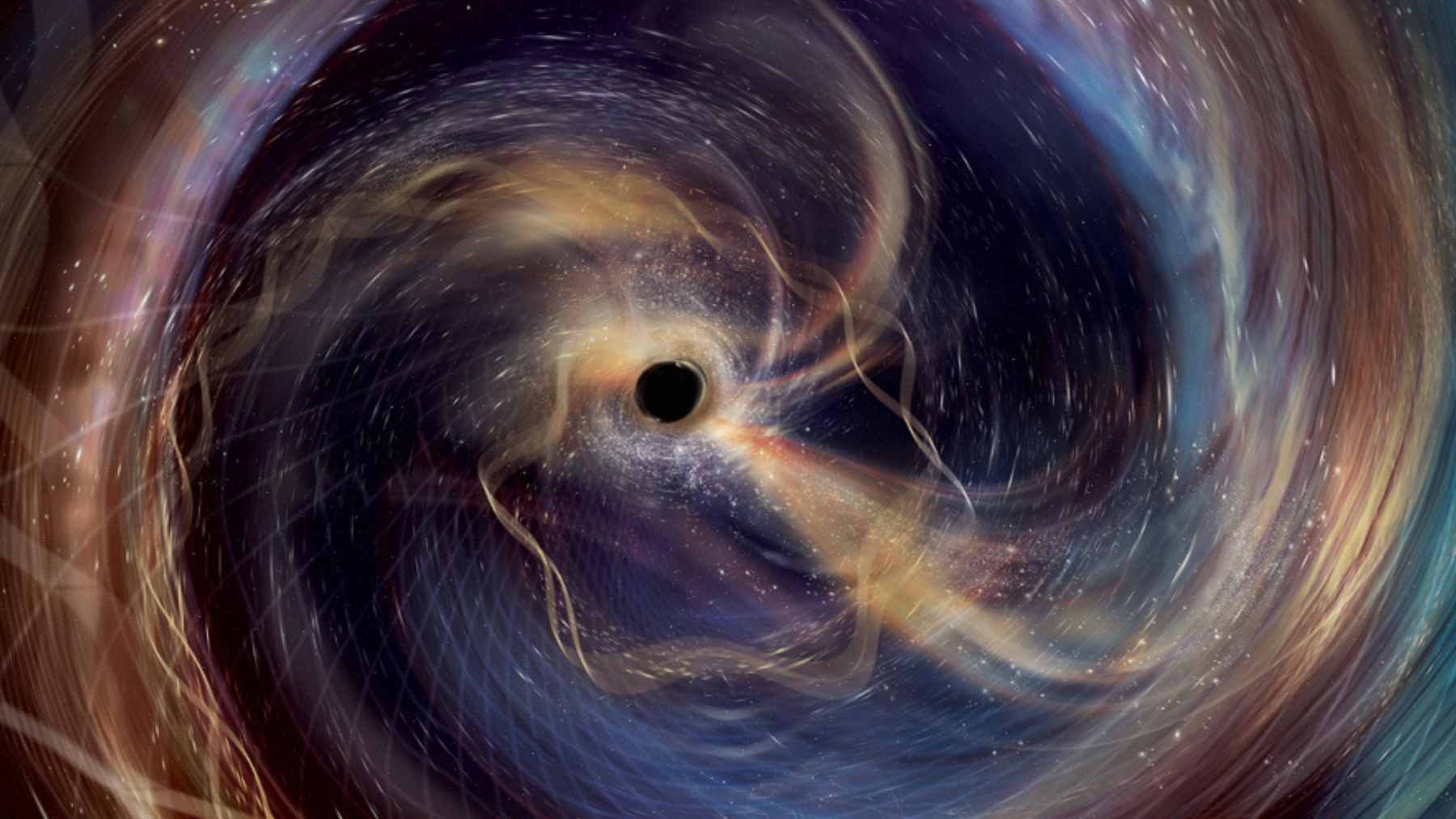 A visualization of two massive black holes of 137 and 103 solar masses spiraling toward a collision, emitting gravitational waves.