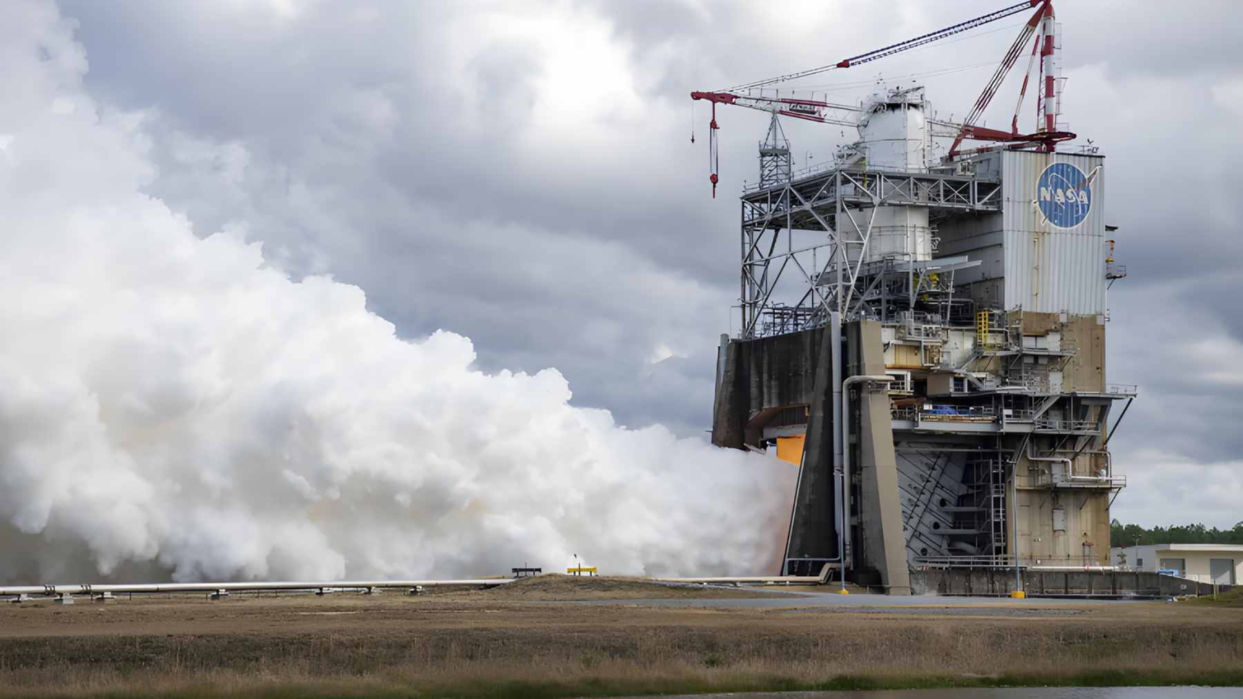 A high-power hot fire test of NASA's RS-25 engine No. 2063 on the Fred Haise Test Stand at Stennis Space Center.