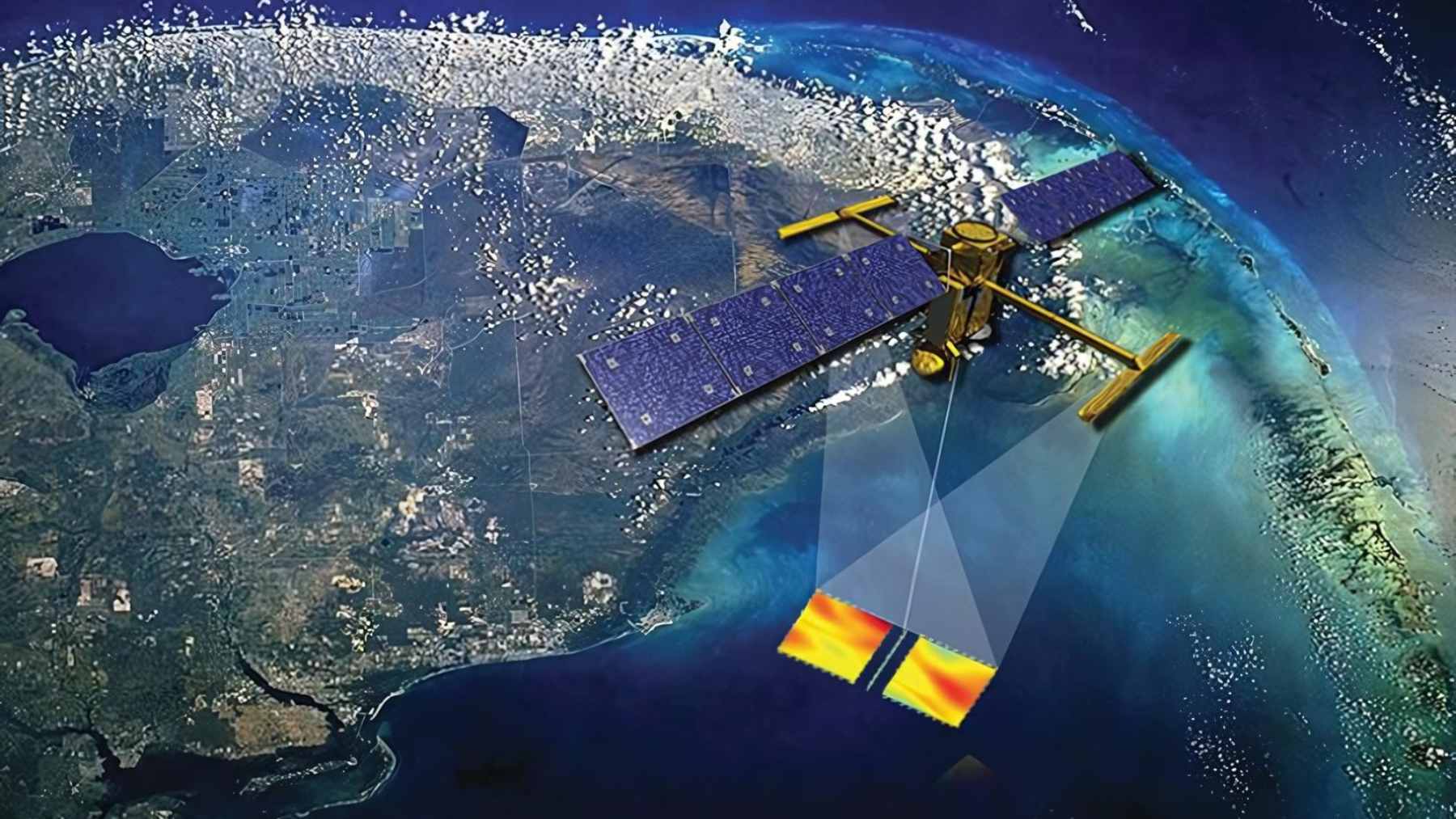 A high-resolution satellite visualization showing a massive storm swell and 35-meter wave peaks in the North Pacific Ocean.