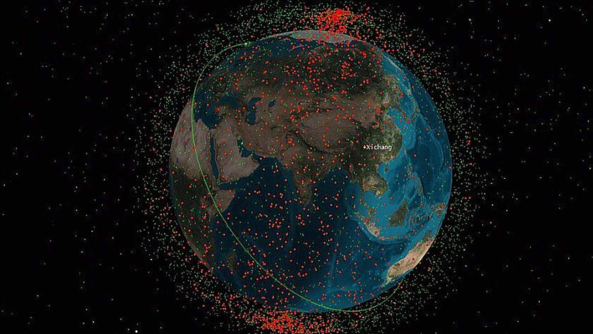 A digital visualization of dense satellite networks and debris orbiting the Earth in low Earth orbit.