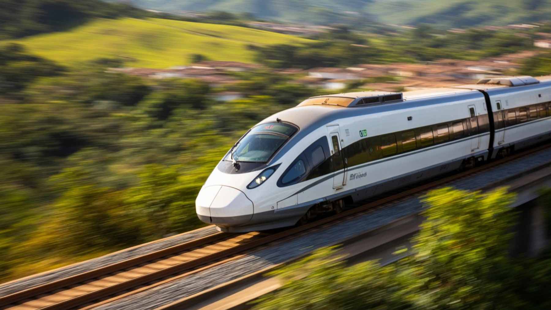 A sleek, modern high-speed bullet train designed by TAV Brasil for the Rio de Janeiro to São Paulo corridor.