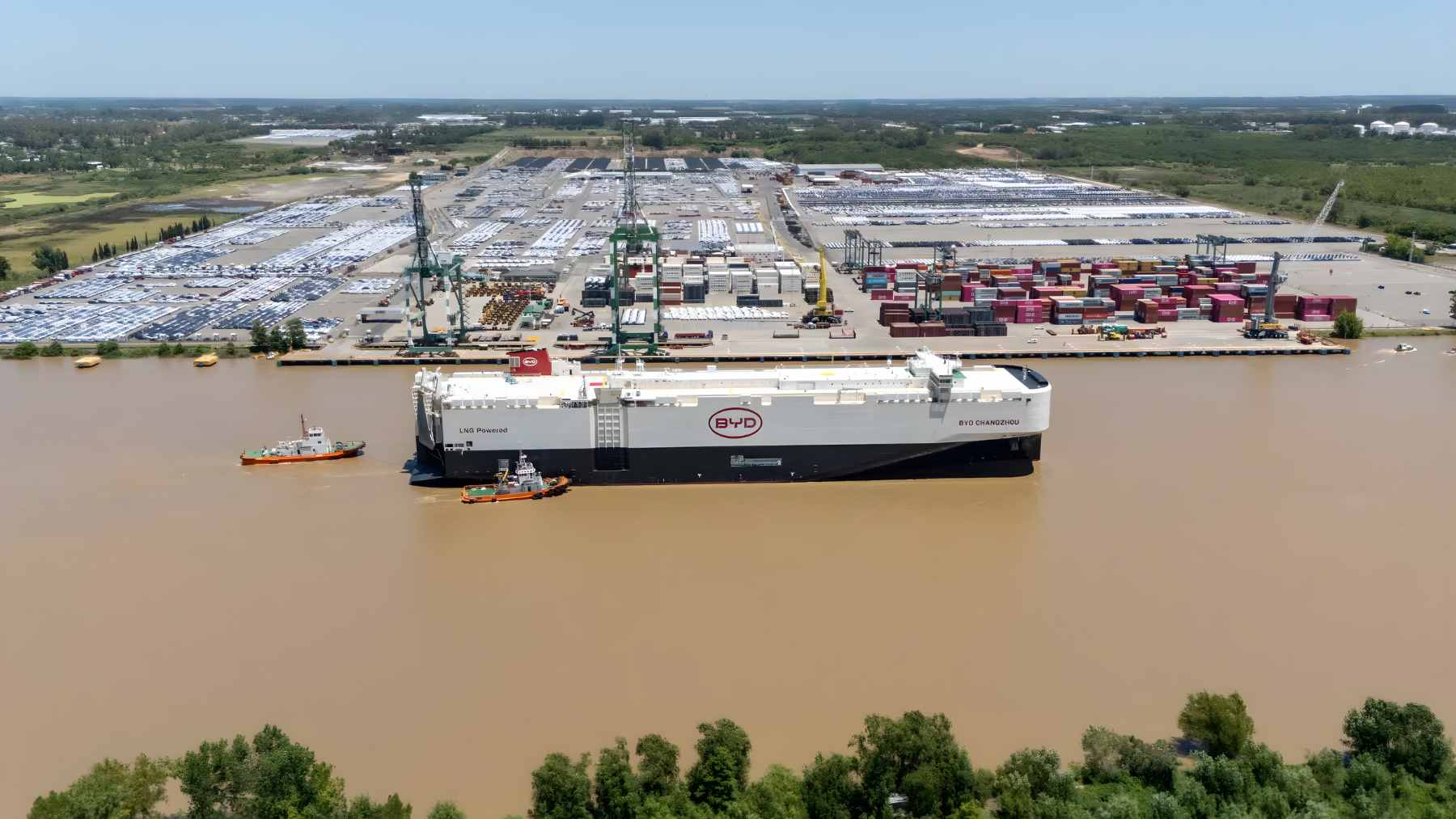 The massive car carrier ship BYD Changzhou docked at the port of Zárate, Argentina, unloading thousands of new electric and hybrid vehicles.