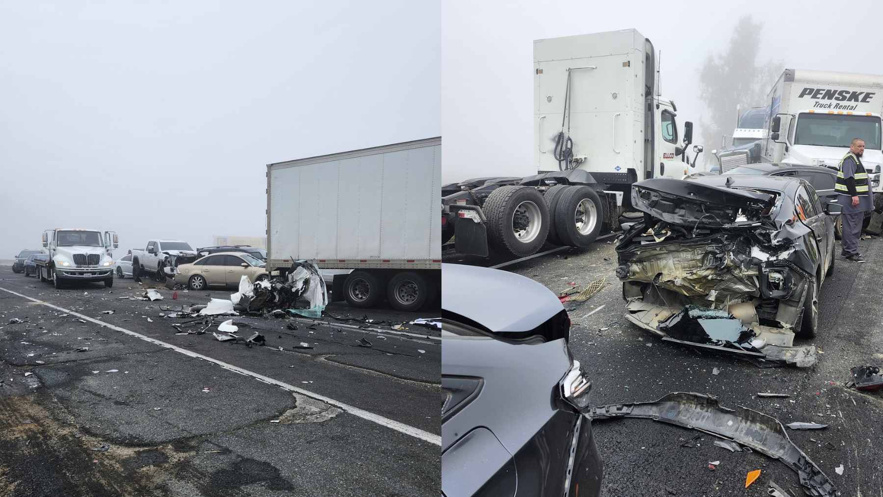 A panoramic view of a massive multi-vehicle pileup on a foggy California freeway, showing crumpled cars and tractor-trailers.