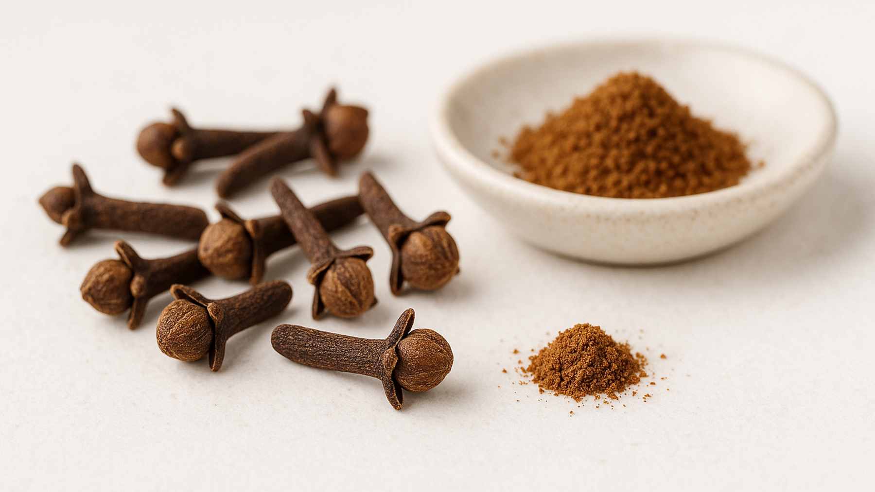 A close-up of a single dried clove bud held between fingers, ready to be chewed as a daily health supplement.