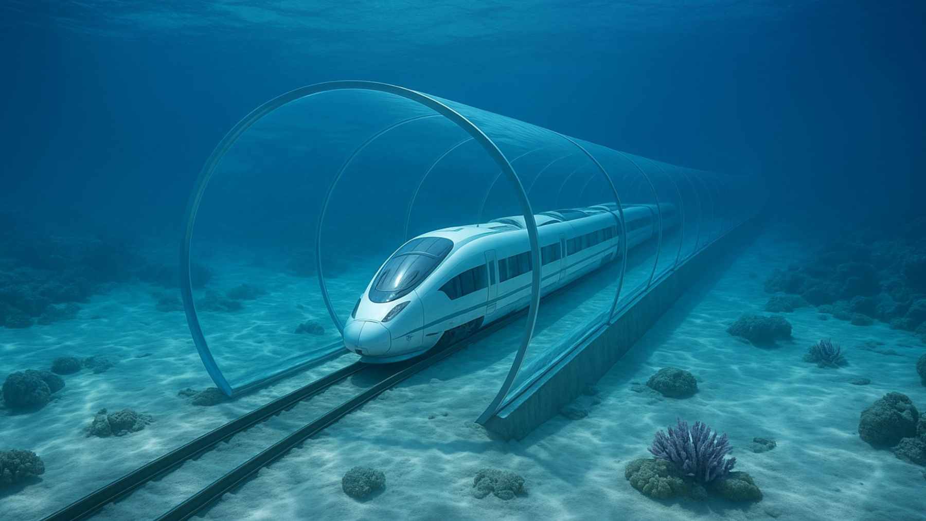 Digital rendering of a high-speed train emerging from a large tunnel portal near a coastal peninsula in China.