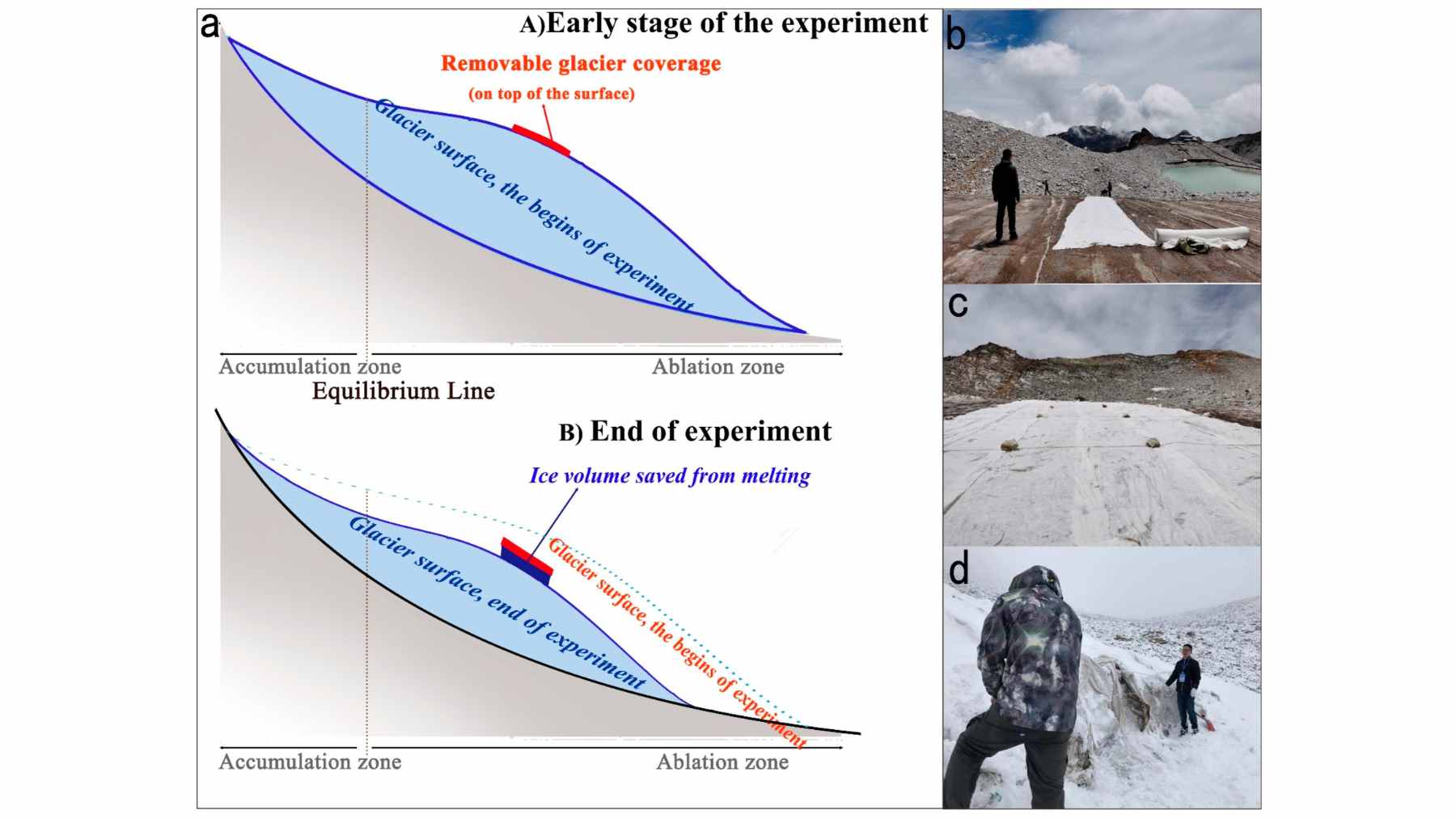 Researchers rolling out large white geotextile blankets over the Dagu Glacier in China to reflect sunlight and prevent ice melt.