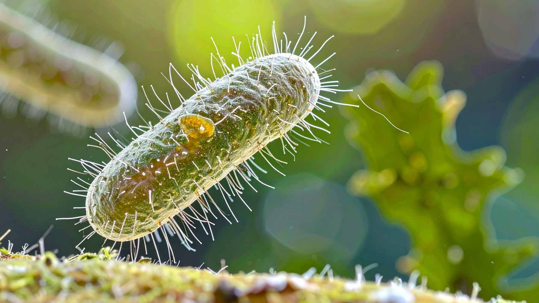 Microscopic view of T7 bacteriophage viruses attacking E. coli bacteria, highlighting the viral tail fibers used for attachment.