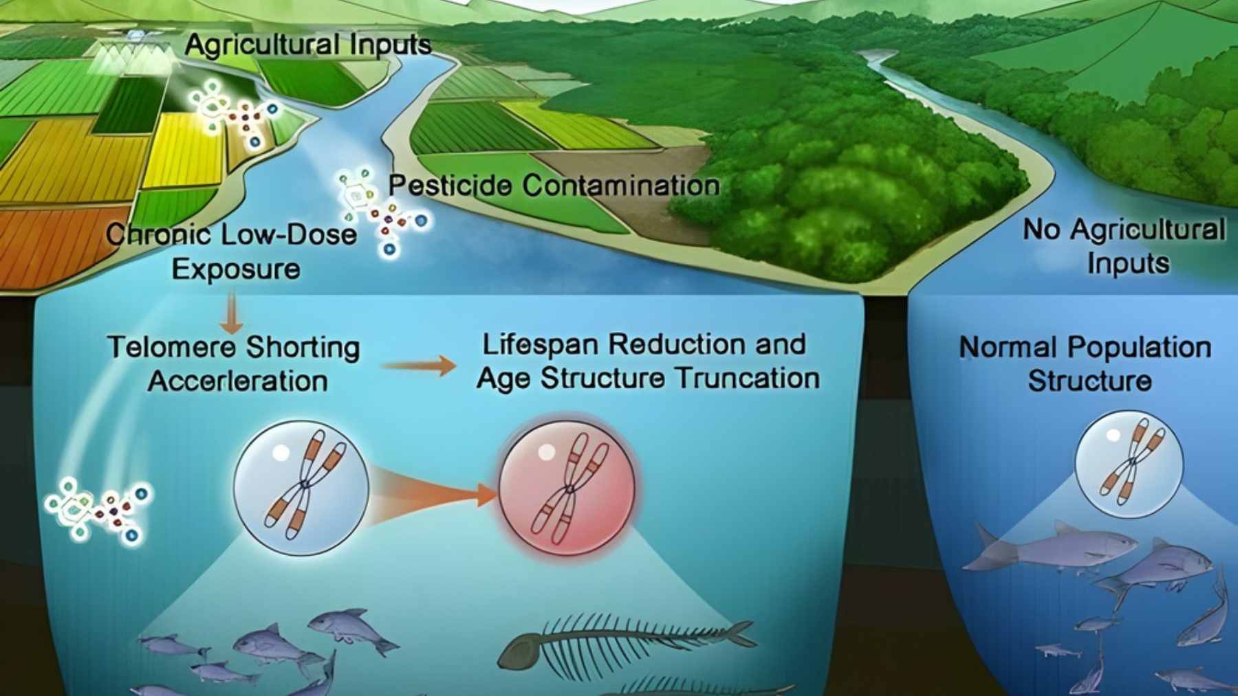 A scientific figure from the Science journal study showing the relationship between chlorpyrifos exposure and telomere length in fish.