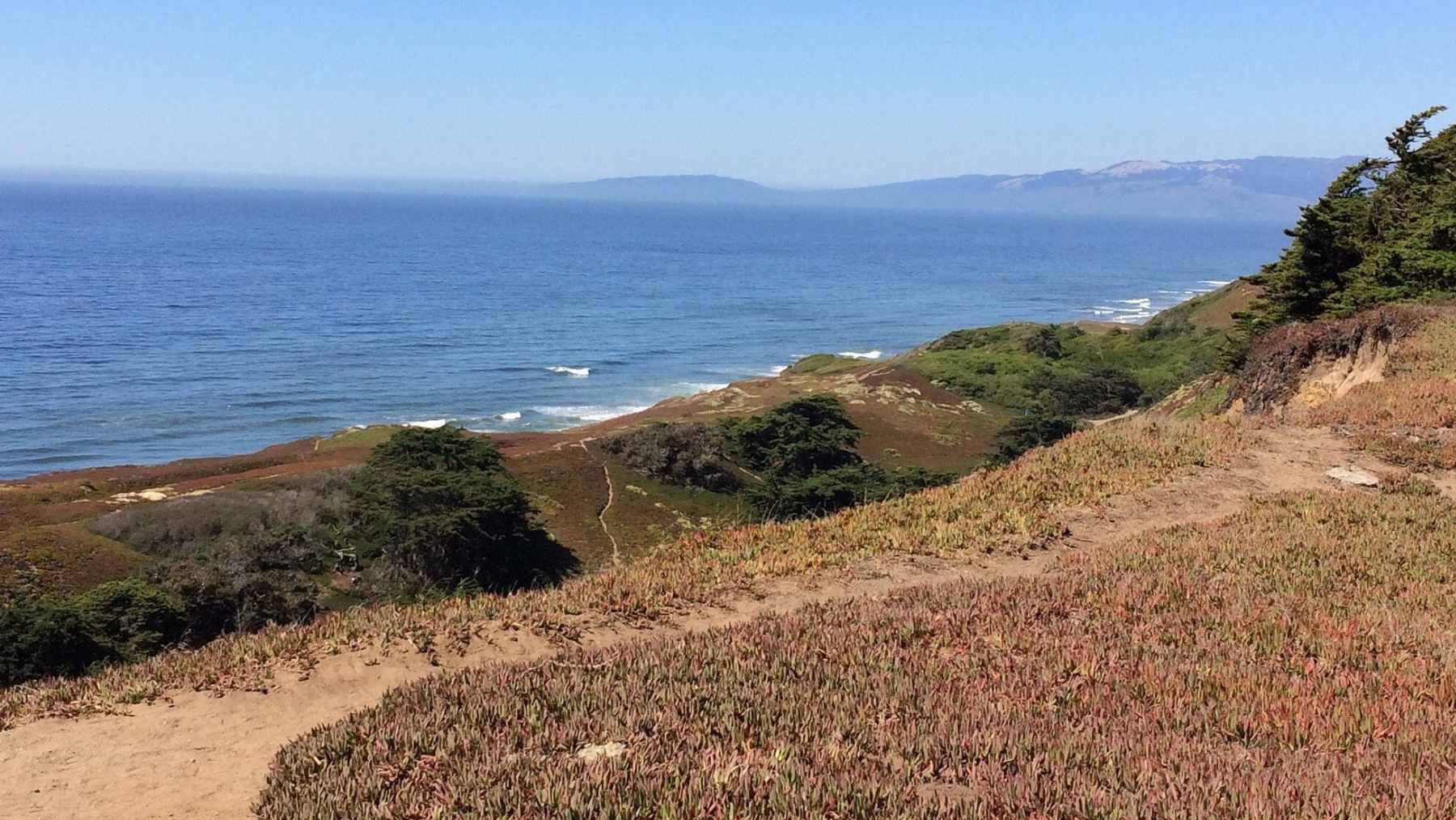 Aerial view of Thornton State Beach in Daly City, where an unauthorized fence has blocked a popular public hiking trail.