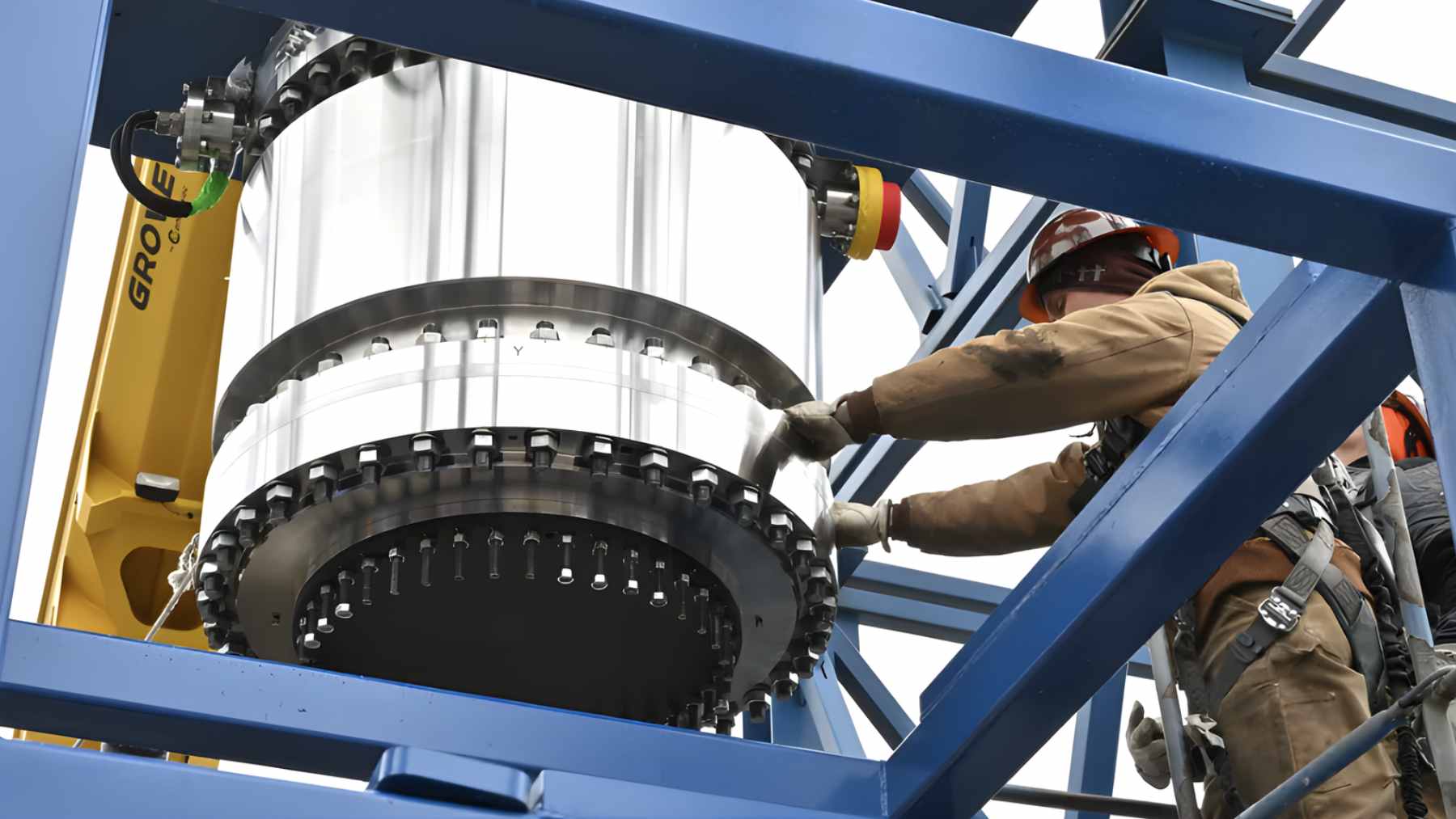 A full-scale engineering development unit of a NASA nuclear rocket reactor, measuring 44 inches wide, during cold flow testing at Marshall Space Flight Center.