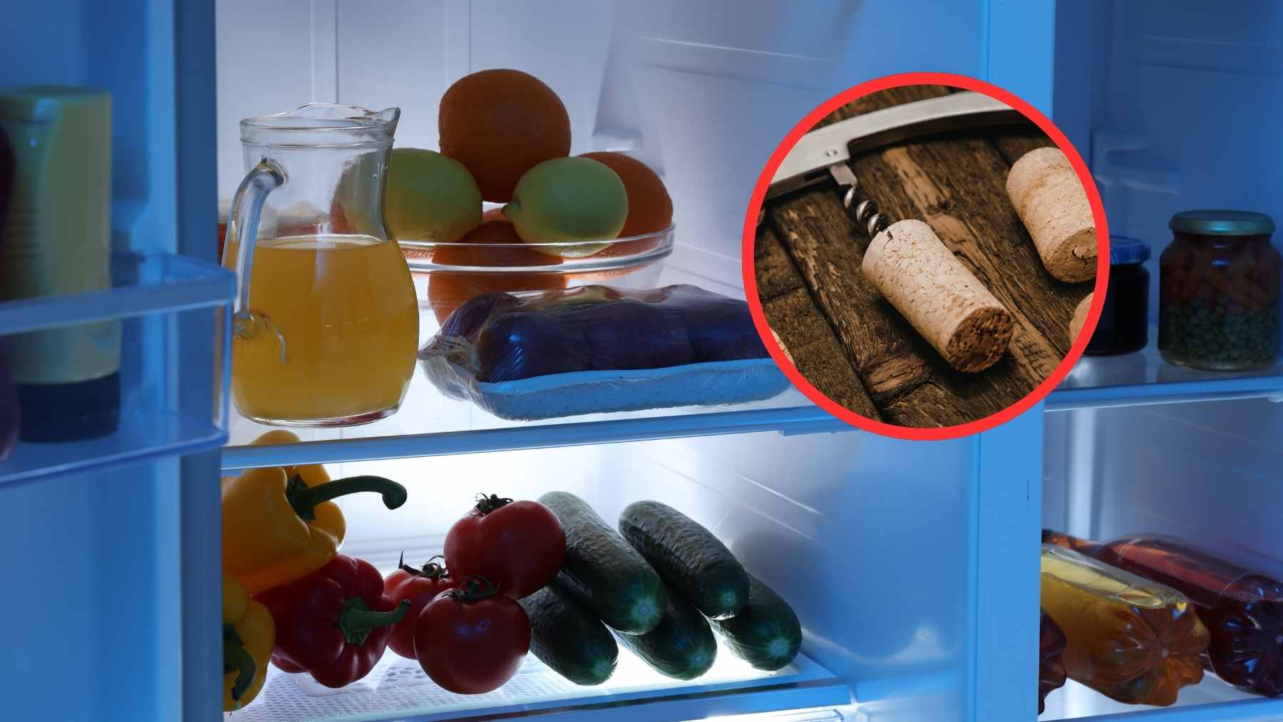 Two halved natural wine corks placed in a small white ceramic dish on a refrigerator shelf next to a carton of eggs.