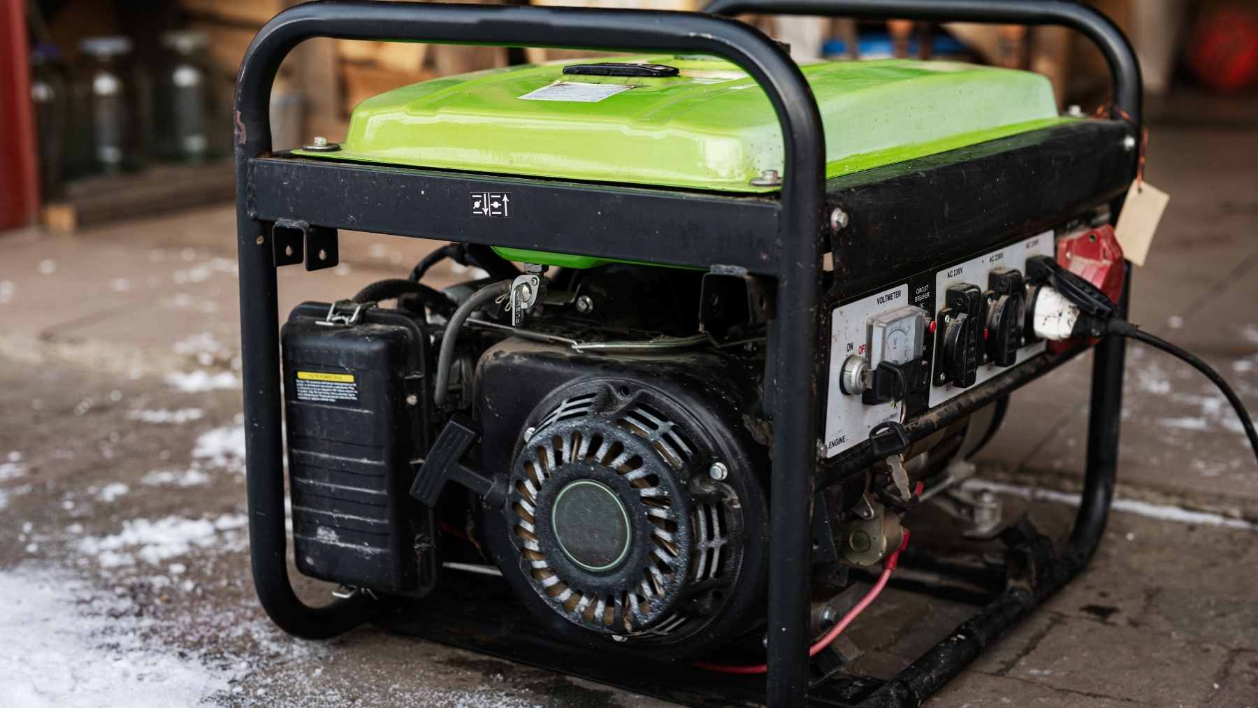A portable gas-powered generator positioned outside a home with an illustration showing how a lack of a transfer switch leads to dangerous electrical backfeeding into power lines.
