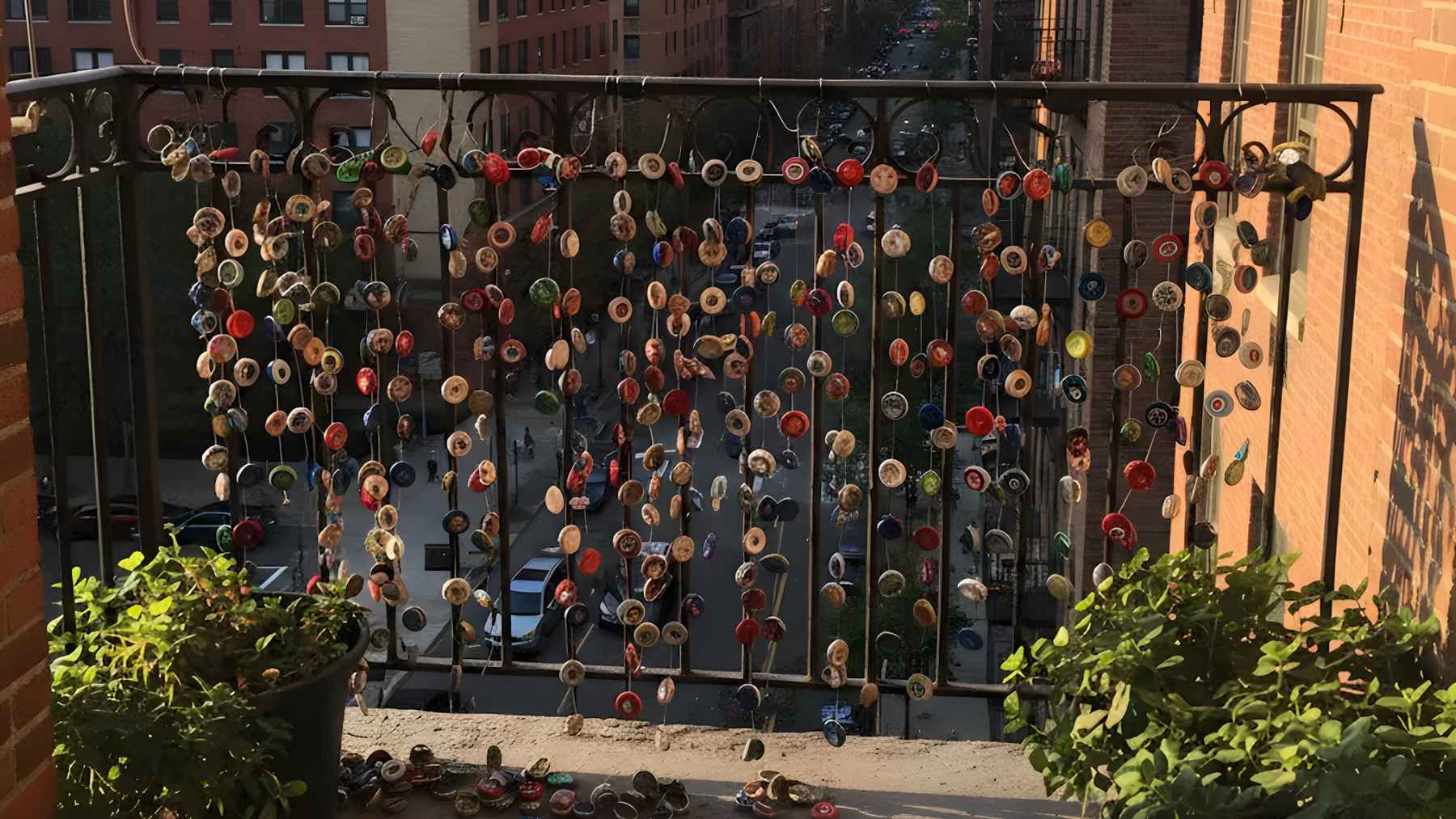 A string of colorful soda bottle caps hangs from a balcony, spinning in the wind to help deter birds and pests from plants.