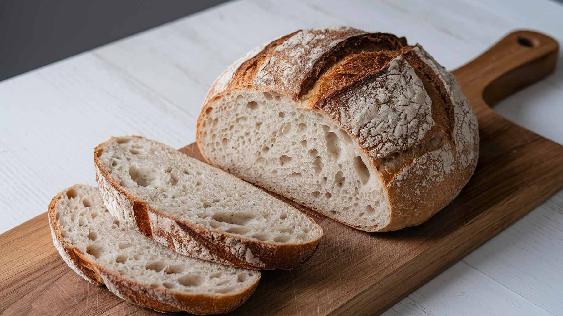 A loaf of artisanal sourdough bread sliced on a wooden board next to a glass of water and a bowl of flour.