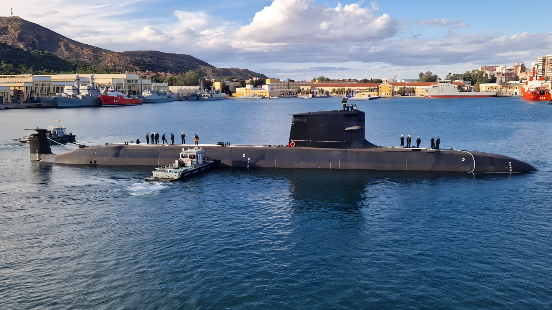A high-tech Spanish S-80 Plus class submarine, the Isaac Peral, docked in Cartagena during its official delivery to the navy.