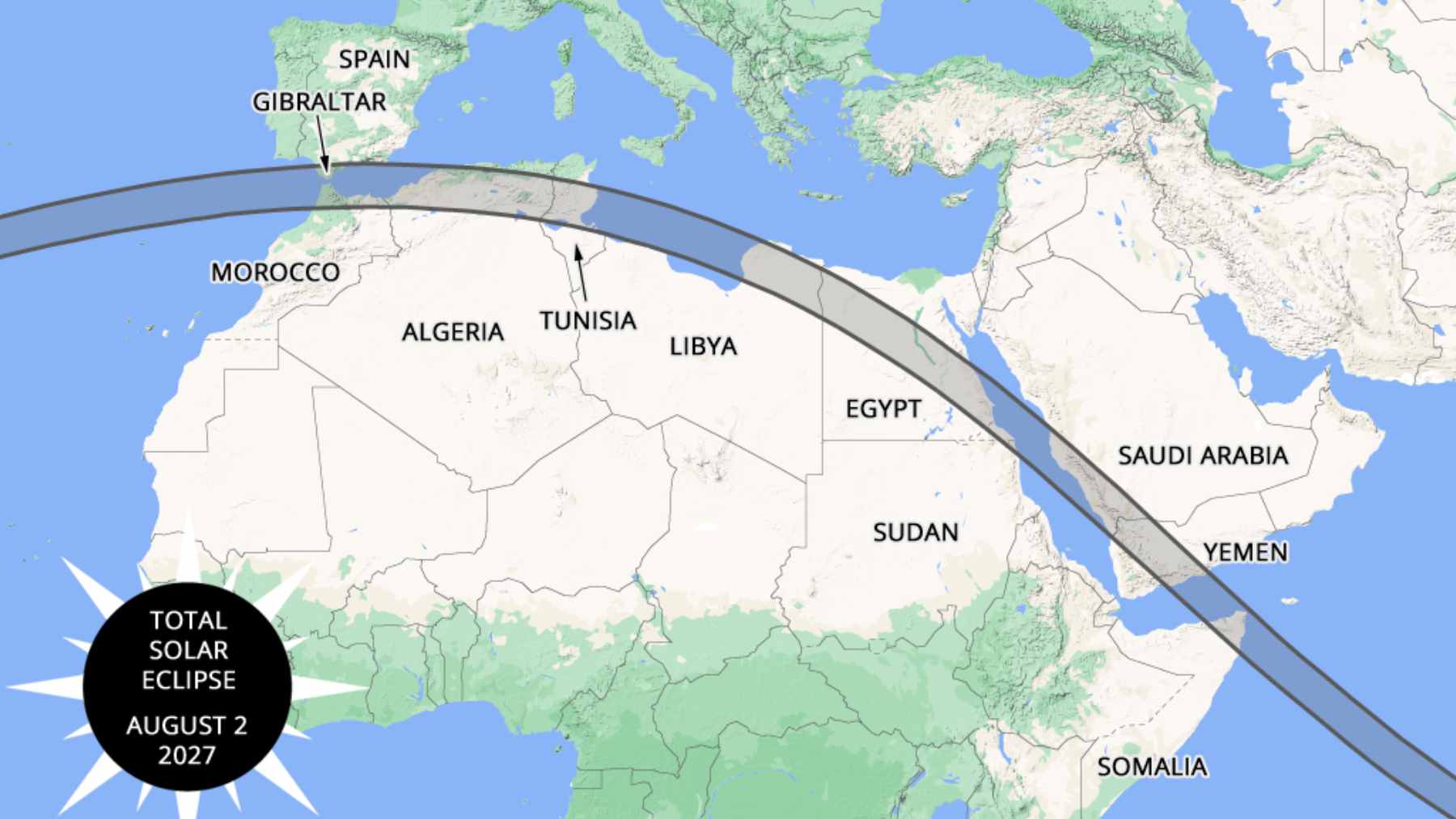 A geographic map showing the gray path of totality for the August 2, 2027, solar eclipse crossing Spain, North Africa, and the Middle East.