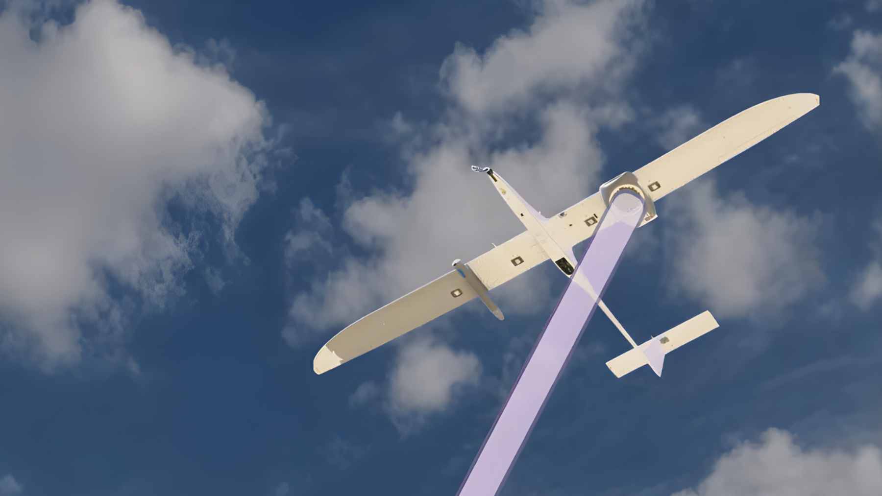 A ground-based autonomous laser transmitter from PowerLight Technologies aiming an invisible beam toward a K1000ULE long-endurance drone in flight.