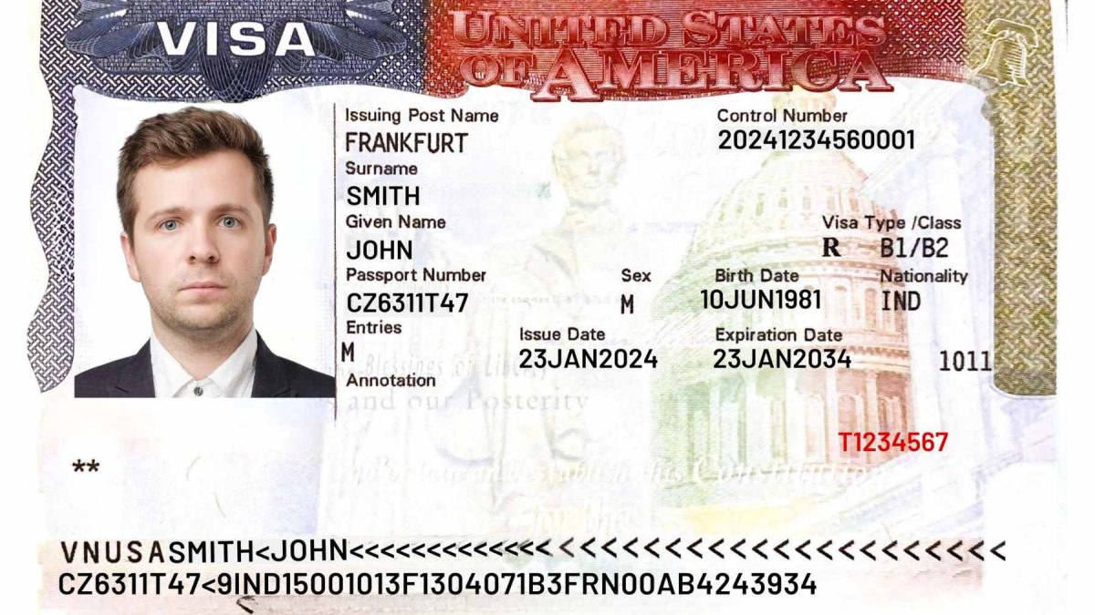 A close-up of a US B-1/B-2 visa stamp in a passport with a calculator and currency, highlighting the new 2026 travel costs.