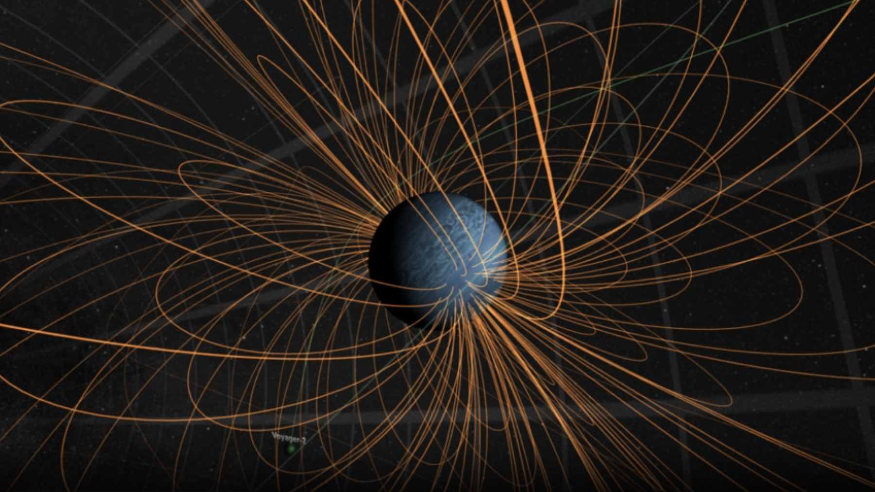 A scientific visualization of Neptune’s tilted and lopsided magnetic field lines as measured by the Voyager 2 spacecraft.