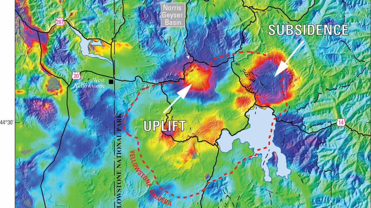 A satellite radar interferometry (InSAR) map showing ground deformation at Yellowstone, with a prominent uplift bullseye near Norris Geyser Basin.